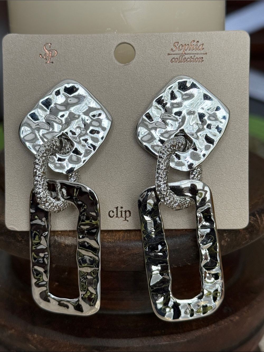 Silver Textured Clip-On Drop Earrings
